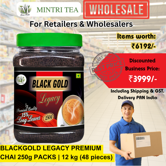 BlackGold Legacy 250g Premium Chai with 15% Long Leaves | Pack of 42 pieces | For Retailers and Wholesalers | Net Wt. 12kg