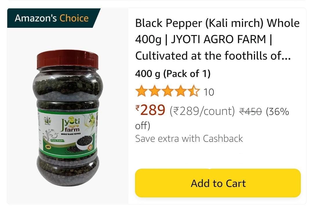 Black Pepper (Kali mirch) Whole | Jyoti Agro Farm| From the foothills of Darjeeling | 400g