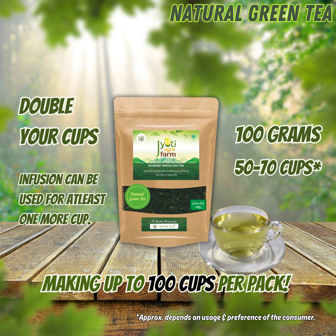 Natural Green Tea 100g pouch showing approximately 50 to 70 cups and reusable infusion