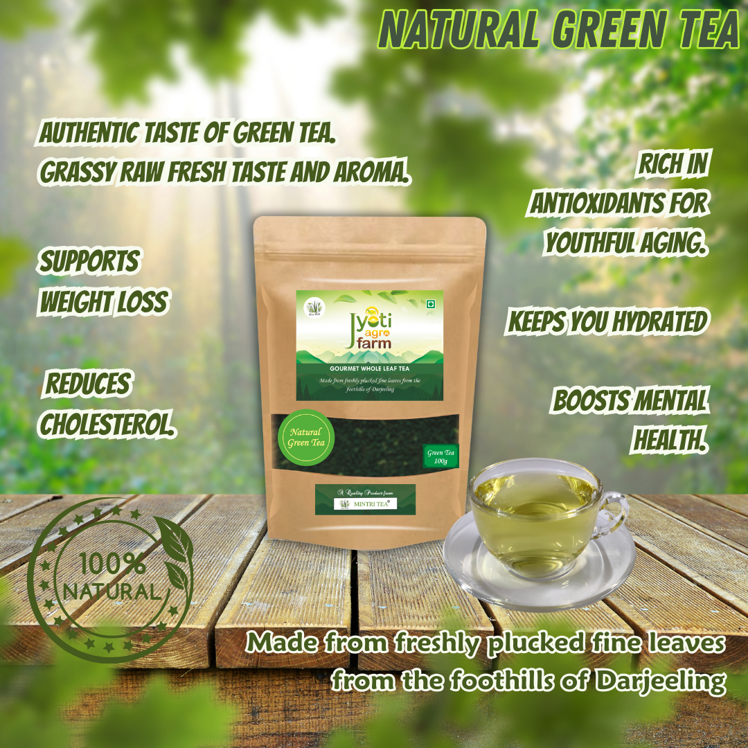 Natural Green Tea 100g pouch with brewed cup and product benefits