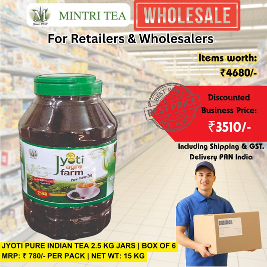 Wholesale BOX of 6 | Jyoti Pure Indian Tea 2.5kg jar | For Retailers and Wholesalers | Net Wt. 15kg