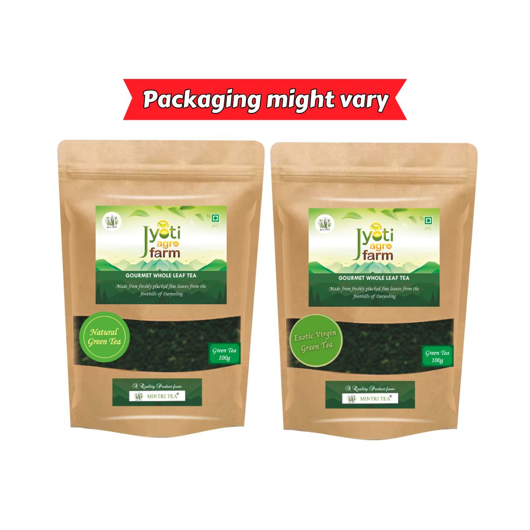 Two possible Jyoti Agro Farm Natural Green Tea 100g package designs