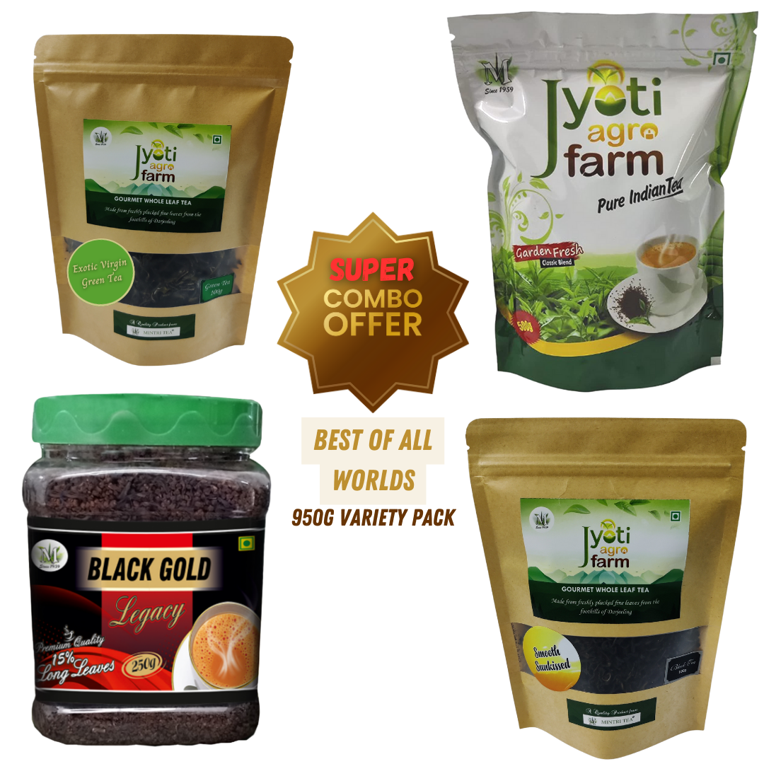 Super Tea Variety Combo | Green Tea, Black Leaf Tea, CTC Chai, Premium Chai | 950g